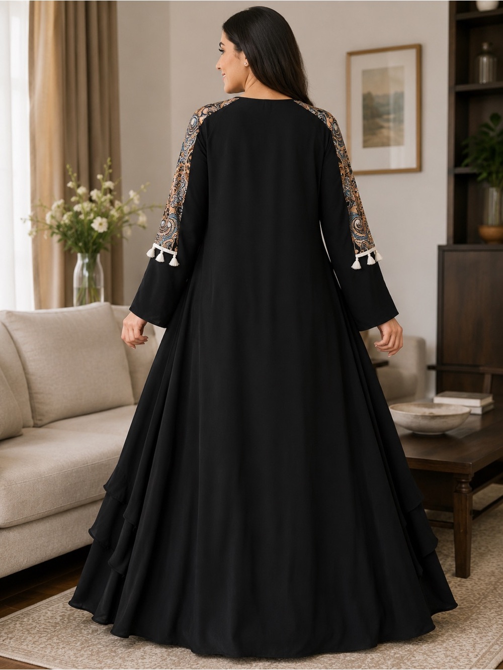 Abaya Elegant Black Maxi Dress with Paisley Panels and Tassel Trim - Picture 2 of 6